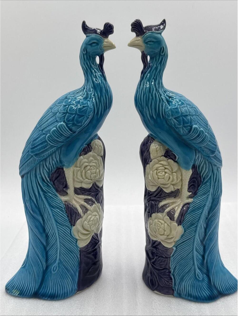 Pair of Chinese Porcelain Ho Ho Japanese Phoenix Birds Peacocks Hand Painted 10”